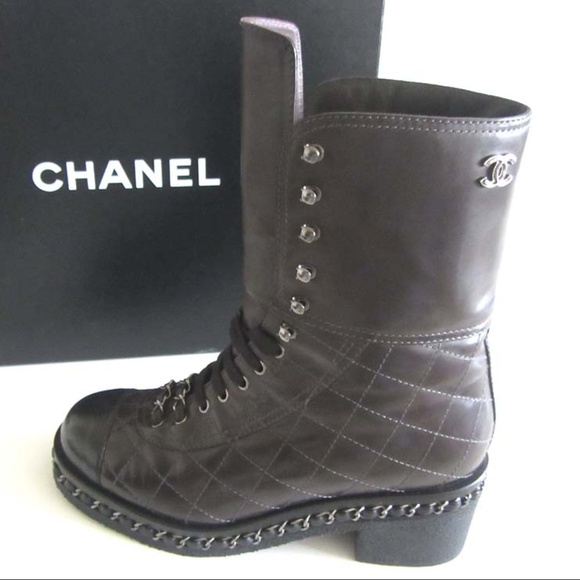 CHANEL CC quilted chain cap toe combat boots 37 7 - Picture 3 of 8